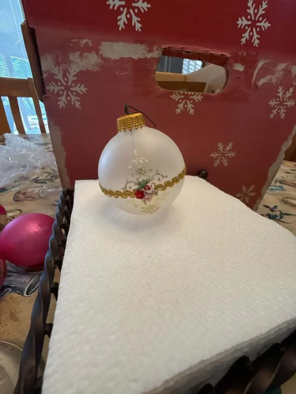 Vtg Xmas by Krebs Frosted Glass Ball Ornament with Gold Glitter Ribbon and Roses